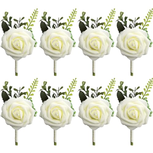 TTBDDM Lot de 8 boutonnières de mariage en forme de rose - Pour mariée, marié, demoiselle d'honneur, témoin, invités, blanc