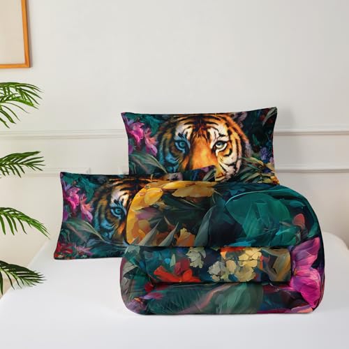 Image of 3Pcs Tiger Comforter Set King Size Plants Colorful Flowers Print Bedding Set,3D Wild Animals Comforter Set for Kids Boys Girls Room Decor,Wildlife Theme Bedding Set