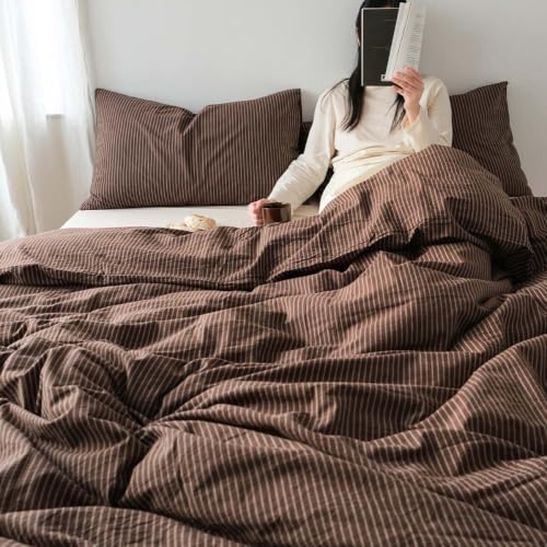 Image of Nayoroom Striped Duvet Cover Queen Brown Pinstripe Bedding Set