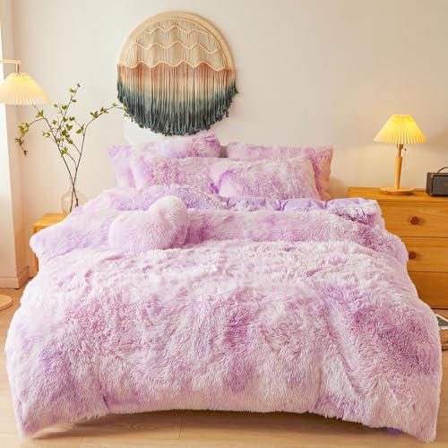 Shaggy Fluffy Tie Dye Lilac Comforter Cover Twin Set – Faux Fur Shaggy Tie Dye Lilac Bedding 2-Piece Set (1 Plush Duvet Cover + 1 Furry Pillow Sham) Cozy Bed Set