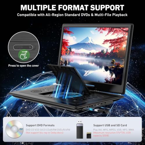 Image of 17.3 inch Portable DVD Player with Bluetooth Hadphones and Carrying Bag,15.4 inch Wide-Viewing-Angle HD Screen,6-Hours Rechargeable Battery,Car DVD Player for Kids,Support Bluetooth /HDMI in /AV /CD /VCD /DVD /USB