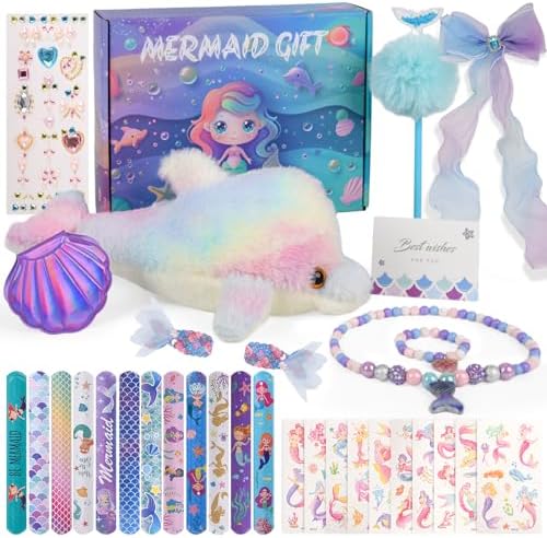 Mermaid Birthday Gifts for Girls 3-10,with Light Up Dolphin Plush,Mermaid Toys Party Favors Slap Bracelets, Temporary Tattoos,Stickers, Jewelry, Hair Clips ,Christmas Princess Gift Box
