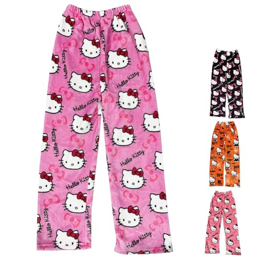 Pyjama Hose Damen Kitty Anime Schlafanzug Hose Lang aus Flanell Kawaii Cartoon Kuschelhose Flauschig & Warm Y2K Lounge Hose Damen Herbst Winter Schlafhose Größe S-XXL