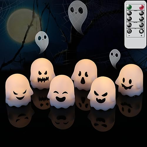 Image of Eldnacele Ghost Flickering Flameless Candles with Remote & Timer,Battery Operated Warm Light White Plastic LED Candles Set of 6 for Halloween Indoor Spooky Face Ambiance Decor(2x2 .4Inches)