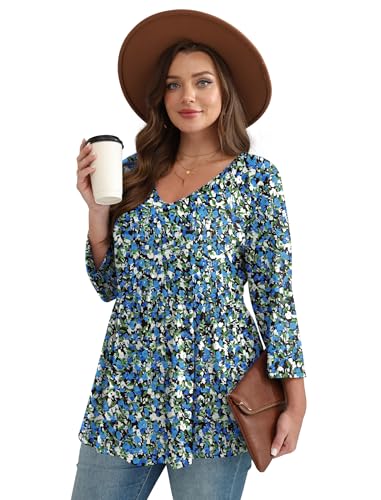 Image of OFEEFAN 3 /4 Length Sleeve Womens Tops 2026 Blouses for Women Dressy Casual Fashion Clothing V Neck Babydoll Tops Fall Outfits
