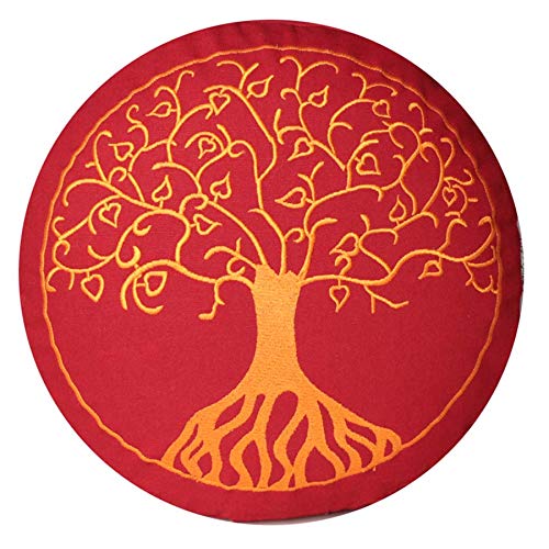 Yogakissen Meditationskissen mit Stickerei Baum des Lebens 33x25cm mit Dinkelspelz gefüllt - Bezug und Inlett 100% Baumwolle (buddhistisch rot H: 25cm /...