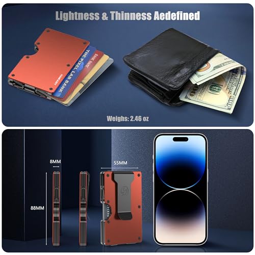Mens Minimalist Wallet, Slim RFID Blocking Credit Card Holder, Men Metal Wallets with Money Clip Removable, Ultralight Front Pocket Aluminum Card Case,Festival Daily Gifts,Brushed Burnt Orange2