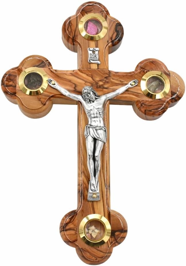 SAINT MICHAEL OLIVE WOOD FROM BETHLEHEM 7Inch Olive Wood Wall Crucifix - Wall Hanging Cross Hand Carved in the Holy Land - 4 Glass Filled with Relics