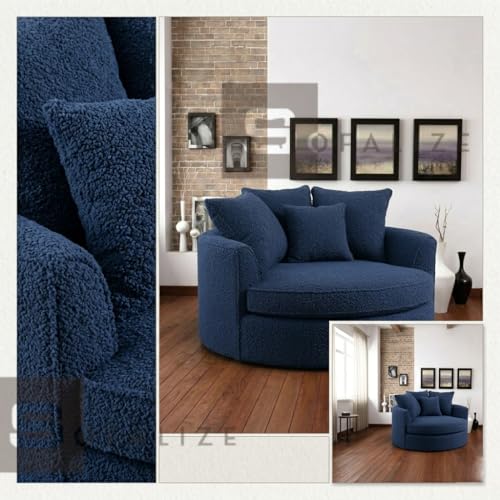 Image of SOFALIZE - Modern Barrel Accent with Pillows Round Sofa Oversize Arm Chair Cozy Club Chair for Bedroom, Living Room, Lounge, Hotel & Office, Hallways Blue Boucle