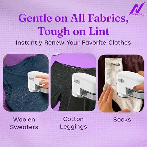 Image of NexLev Portable Cordless Lint Remover | for Woollen, Sweaters, Jackets, Carpets | Fabric Brush | Rue & Burr Remover | Battery Powered Shaver | SS Blade | Safety Lock | LR-03
