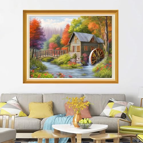 Image of Joyhoor Cross Stitch Kits for Beginners, Stamped Cross-Stitch Supplies, Needlework Preprint Embroidery Kits, Adults DIY Needlepoint Kits, Embroidery Patterns 11CT-Beautiful Creek 16x20 inch