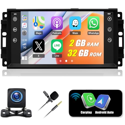 Android Car Stereo for Jeep Chrysler Wrangler JK Grand Cherokee Compass Dodge Ram Challenger with Carplay Android Auto Sat Nav,2G+32G Stereo with 7 Inch Touchscreen Bluetooth WIFI FM/RDS+Backup Camera