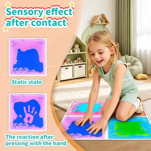 Sensory Floor Tiles for Kids: Liquid Fusion Activity Mat 4 Pcs Texture with One-Piece Glue-Free Sealing - Educational Fun Water Play Mats - Autistic Toddler Calming Toys (12X12inch) - Image 3