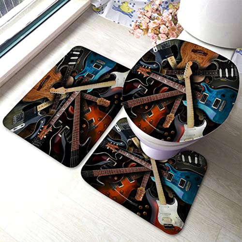 3-teiliges Badezimmerteppich-Set, Musikinstrument, Gitarre, Cooler Rock-Stil, waschbarer Badvorleger, rutschfest, mit Rückenpolster, Konturteppich und Toilettendeckelbezug