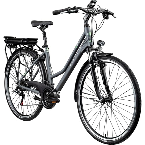 ZÜNDAPP Z802 E Bike Trekking 155-185 cm Fahrrad 21 Gänge, bis 115 km, 28 Zoll Elektrofahrrad mit Beleuchtung und LED Display, Ebike Trekkingrad (grau/grün, 48 cm)