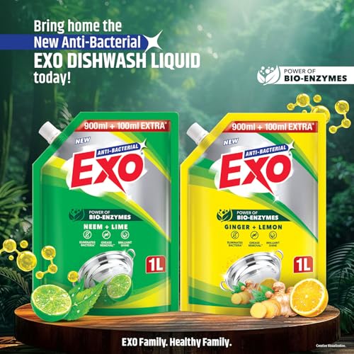 Image of Exo Dishwash Liquid Refill Pack | Neem & Lime | Tough Grease Removal for Utensils | Anti-Bacterial Dishwashing Liquid | Bio-Enzyme Liquid Dishwash | No Residue Cleaning - 1L
