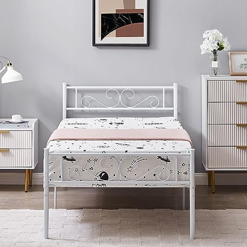 Vecelo Metal Platform Bed Frame, Mattress Foundation With Headboard & Footboard, No Box Spring Needed, Underbed Storage, Twin, White #TOP2