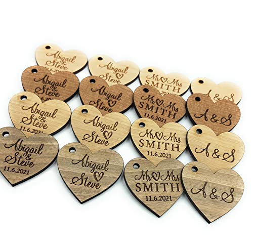 Wooden wedding favor tags, personalized wooden heart tags, rustic wedding favor tags, wedding favors, custom engraved wooden hearts - Set of 10 pieces