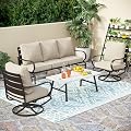 PHI VILLA 4 Piece Patio Furniture Set with 1 x 3 Seater Padded Deep Seating Bench, 2 x Swivel Cushioned Armrest Sofa Chairs and 1 x Coffee Table, Metal Outdoor Furniture Set for 5