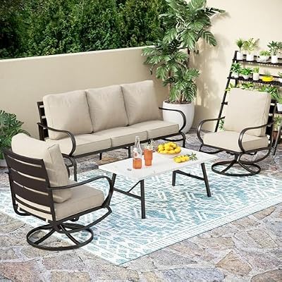 PHI VILLA 4 Piece Patio Furniture Set with 1 x 3 Seater Padded Deep Seating Bench, 2 x Swivel Cushioned Armrest Sofa Chairs and 1 x Coffee Table, Metal Outdoor Furniture Set for 5