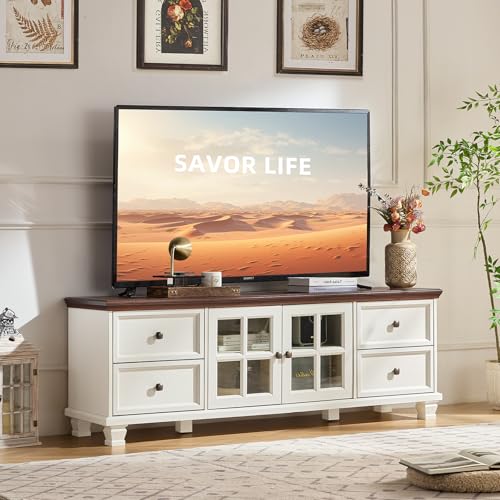 Farmhouse TV Stand for Living Room, Rustic White Entertainment Center with Storage Cabinet,Wood TV...
