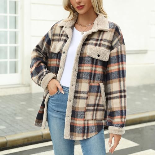 Womens Fall Fashion 2025 Flannel Shackets Plaid Button Down Jacket Casual Long Sleeve Fleece Shirt With Pockets4