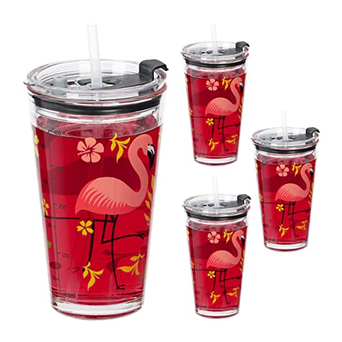 Relaxdays Set de 4 Vasos Infantiles, Diseño Flamenco, Tapa y Pajita, 450 ml, Vaso Cristal Niños, Smoothie, Transparente, 9 Centimeters cm