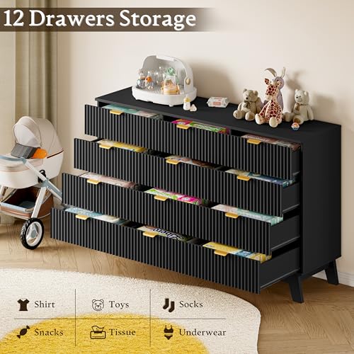 Image of BORNOON 57 inch Wide Dresser for Bedroom, 12-Drawer Fluted Dresser with Metal Handles, Wood Chest of Drawers with Smooth Slides and Stable Base, Storage Cabinet for Living Room, Nursery, Timeless Noir