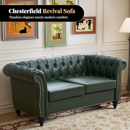 Image of LEVNARY Chesterfield Loveseat, 2 Seater Tufted Couch for Living Room, Classic Button Tufted Upholstered Sofa, Modern Mid-Century PU Leather Loveseat (Green)