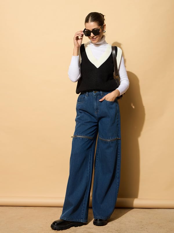Image of Blue Zipper Design Baggy Jeans