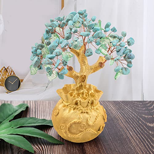Nupuyai Blue Howlite Turquoise Crystal Money Tree with Golden Money Bag Base for Home Office Decor Wealth and Luck Bonsai Tree Fengshui Ornament with Gift Box - Image 4