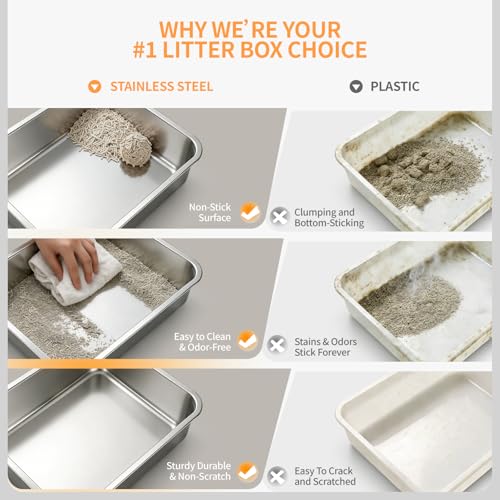 Image of Stainless Steel Cat Litter Box with Lid, Enclosed Extra Large Metal Litter Pan for Big Cats, Full Flip Cover High Sided LitterBox Include Scoop, Easy Cleaning, Non-Stick, Black
