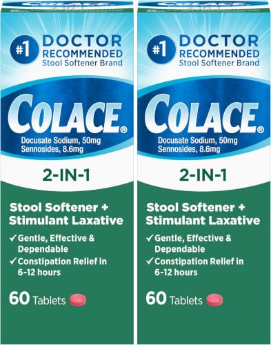 Image of Colace 2-in-1 Stool Softener Plus Stimulant Laxative Tablets, Gentle Constipation Relief, Docusate Sodium Plus Sennosides, 60 Count (Pack of 12)