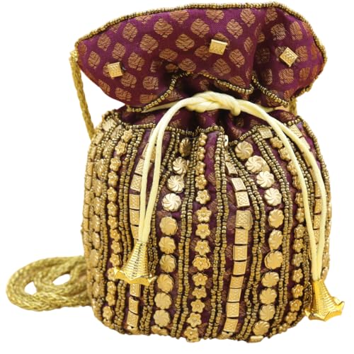 Elevanty | Bombonera Hindú - Potli con cordón - Bolso de mano elegante, casual y fiesta - Bolsa con lentejuelas y abalorios - Saco para mujer (Morado) Elevanty | Bombonera Hindú - Potli con cordón - Bolso de mano elegante, casual y fiesta - Bolsa con lentejuelas y abalorios - Saco para mujer (Morado)