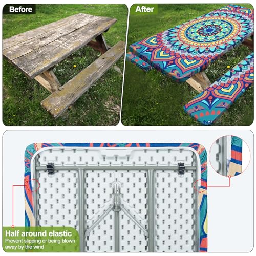 Image of Picnic Table Cover with Bench Covers 6FT 3 Pcs Waterproof Windproof Aesthetic Camping Tablecloth with Drawstring Bag, Fitted for 6 Foot Rectangle Tables and Seats, 72 inch, Yellow Blue Orange