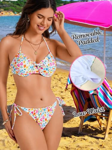Underwire Push-Up Cute Floral Bikini Sets for Women&Teen Girls, String Halter Top&Cheeky Side-Tie Bottom 2 Piece4