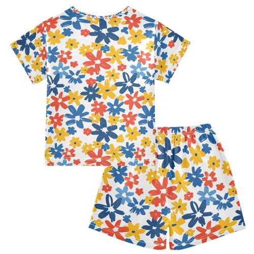 ALAZA Watercolor Flower Blossom Floral Pajamas Set Short Sleeve Cotton Sleepwear Summer Pjs 2 Piece 5-14Y2