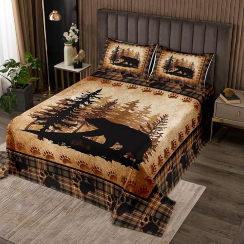 Castle Fairy Bear Print Quilt Bedding Set Queen Size,Wild Animal Hunt Pine Trees Retro Bedspread Coverlet for Girls Teens,Rustic Grid Plaid Cabin Decor Soft Polyester Quilt Set, All Season