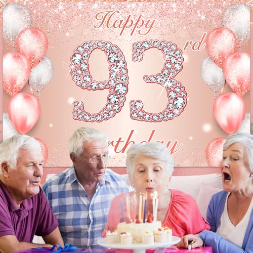 Image of Happy 93rd Birthday Rose Gold Banner Cheers to 93 Years Old Backdrop Confetti Balloons Theme Decor for Women 93 Years Old Pink Birthday Party Decorations Bday Supplies Background Favors Gift Glitter