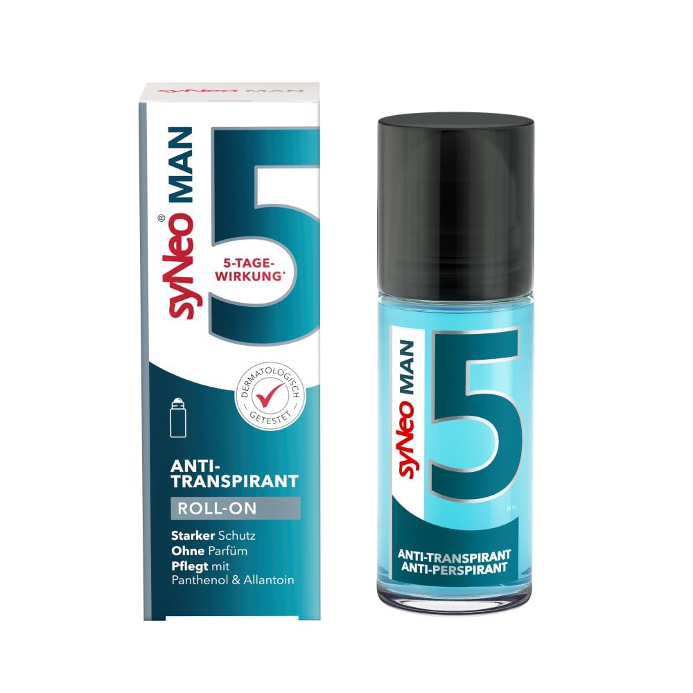 syNeo 5 MAN Antitranspirant Deo Roll-On – 5-Tage-Wirkung – extra starker Schutz gegen Schwitzen, Schweiß & Geruch – Deoroller für Achseln – ohne Parfum – dermatologisch getestet – für Herren – 50 ml