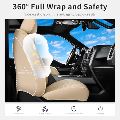 Image of Huidasource Tacoma Front Leather Seat Covers, Car Seat Cushion Cover Fit for 3rd Gen Toyota Tacoma 2016-2023 SR SR5 Limited TRD Sport /Pro /Off Road All Cab Front Row (Front Pair /Beige)