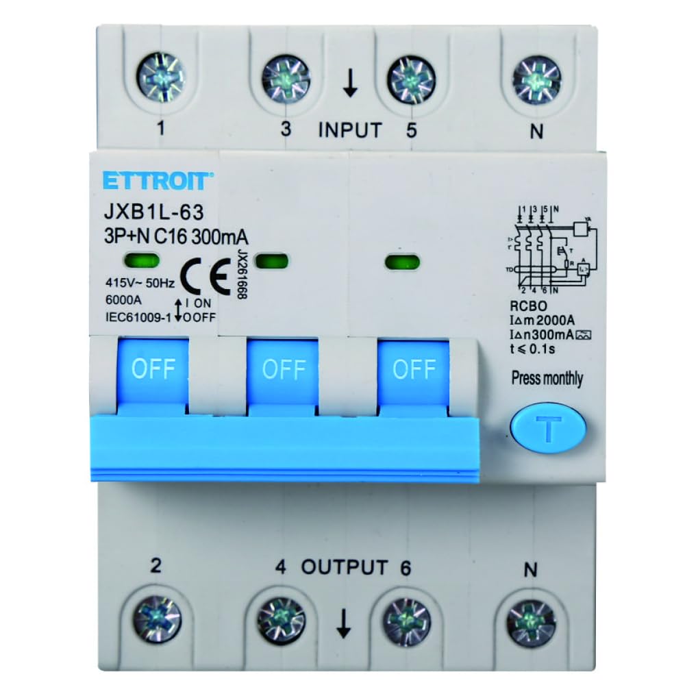 Interruttore magnetotermico differenziale 3P+N, 4 moduli, 415Vac, 16A, 300mA, 6KA - Ettroit JX261668