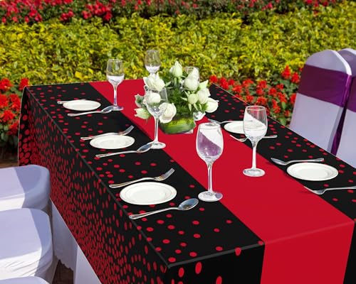 Image of Oudain 6 Pcs Black and Red Tablecloth for Party Plastic Red Dot Tablecloths Printed Table Runner Waterproof Disposable Rectangle Table Cover for Birthday Graduation Wedding Party, 54 inch x 108 inch