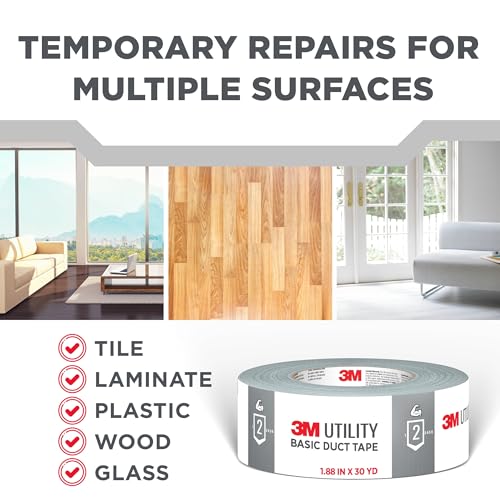 Image of 3M Utility Basic Duct Tape, 1.88 in x 30 yd, 3 Rolls, Moisture Resistant, Great for Light Duty Temporary Indoor Repairs for Tile, Laminate, Plastic, Wood, and Glass, Tear by Hand (1030-3PK)