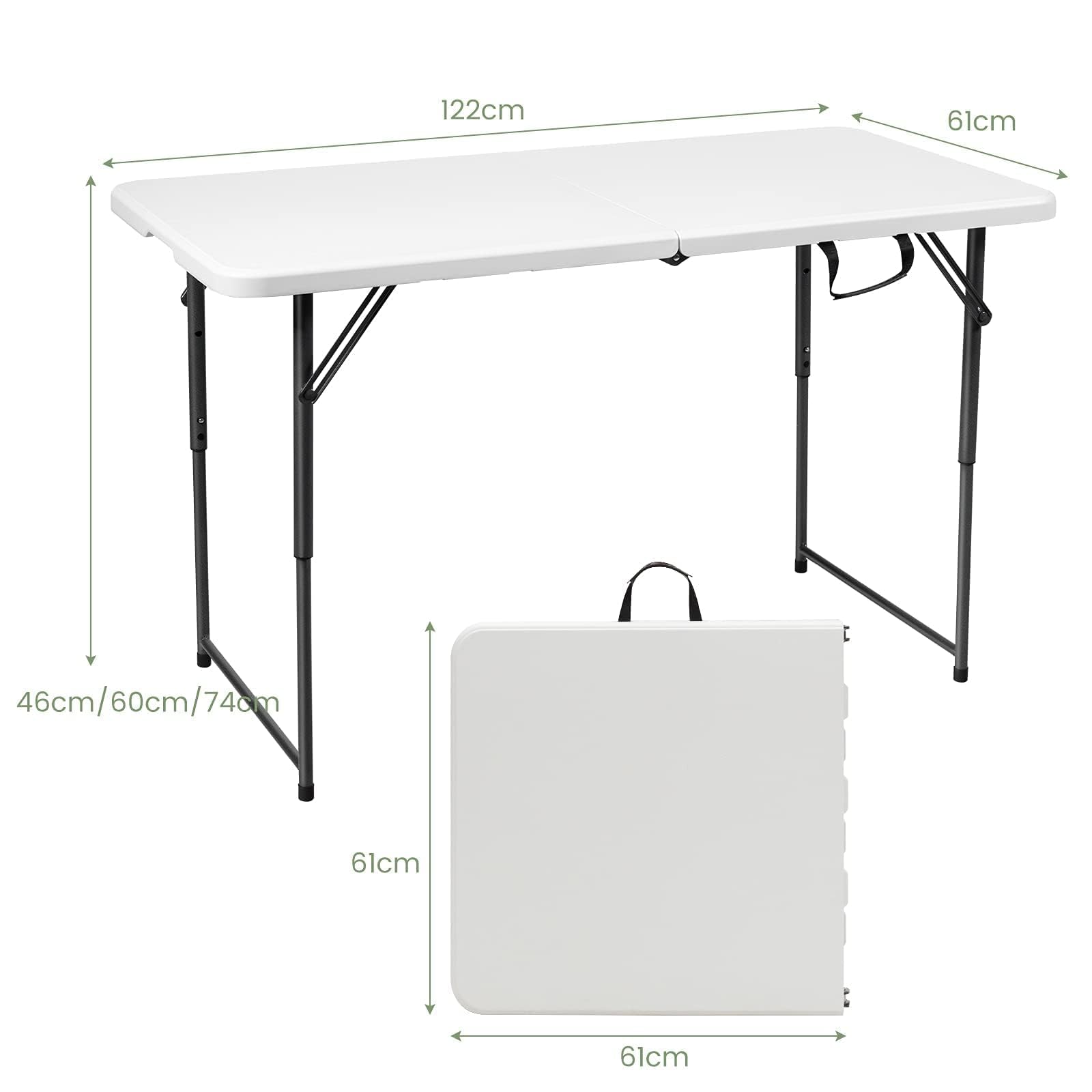 RELAX4LIFE 2 in 1 Tavolo Pieghevole da Campeggio, Richiudibile con Maniglia, 120x60cm, Altezza Regolabile 48,5/62/74,5cm, Portatile Tavolino per Picnic, Giardino, Barbecue, Portata 150kg, HDPE/Metallo