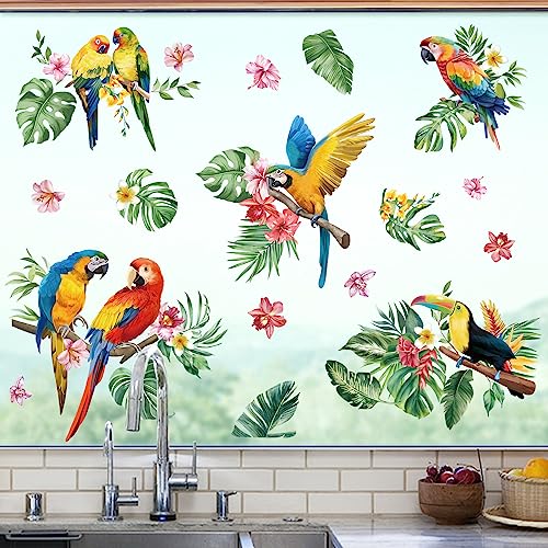 Decalmile Tropical Parrots on Branch Window Clings - Birds, Flowers, Palm Leaves - Anti-Collision Glass & Door Stickers