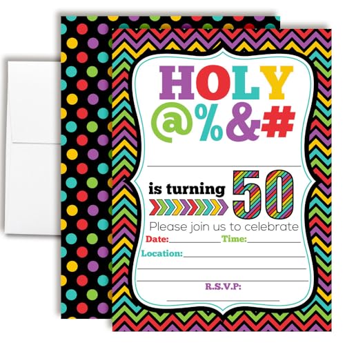 HOLY @% 50th Birthday Party Invitations, 20 Funny 5x7 Fill In Cards with Twenty White Envelopes for Milestone Birthdays by AmandaCreation