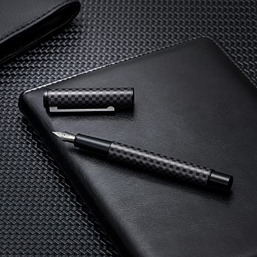 Image of Hongdian Black Forest Carbon Fiber Fountain Pen Medium Nib Modern Design Smooth Writing Pen with Refillable Ink Converter and Metal Pen Case Set