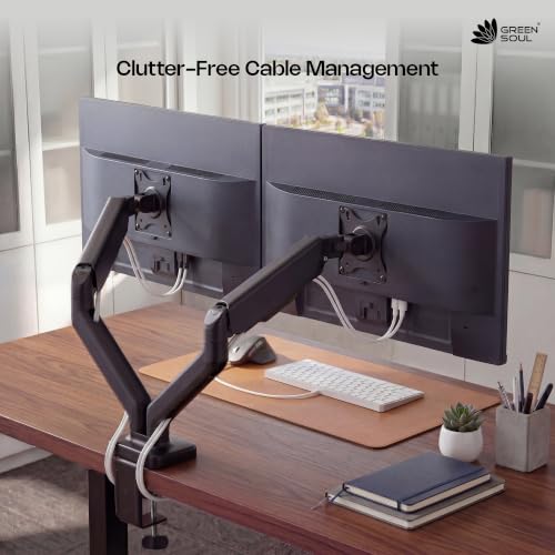 Image of Green Soul Dual Monitor Gas Spring Stand|Fits 13-32 inch Screen|9Kg Weight Capacity|Height Adjustable Desk Mount, VESA Plate, Grommet & C-Clamp Base|Monitor Riser for Desk|Tilt, Swivel & Rotation|Black