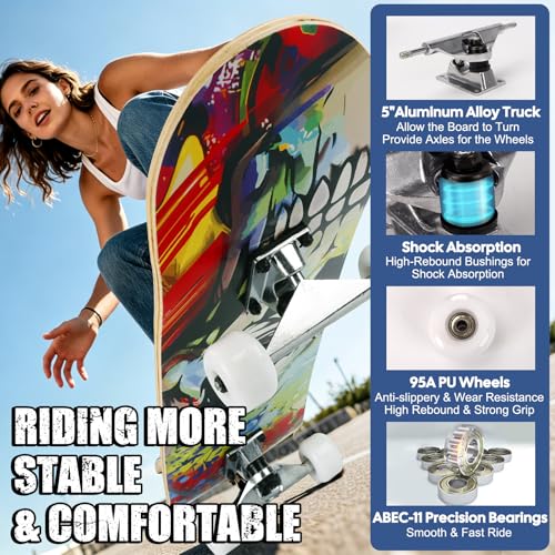 Image of Skateboards for Beginners Adults Youths Teens Kids Girls Boys 31 Inch Pro Complete Skate Boards 7 Layer Canadian Maple Double Kick Concave Longboards